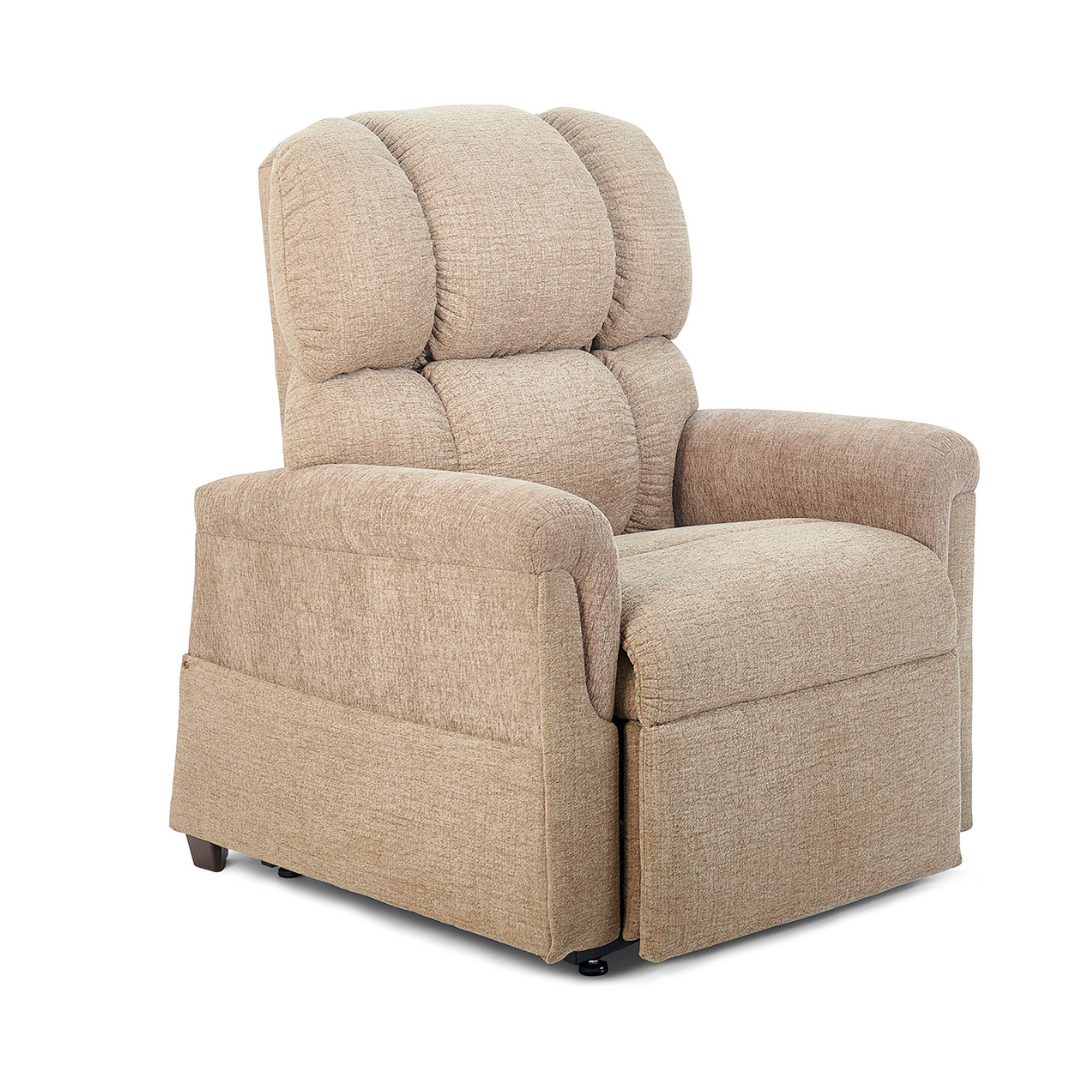 The Golden Tech PR531 Comforter Recliner w/ Lift Assist, a plush beige upholstered chair with padded armrests and backrest, is shown at an angle on a white background.